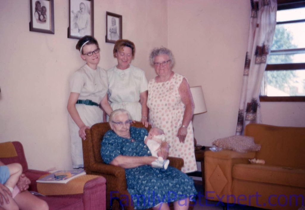 Five Generation Photo: Great-Great-Grandpa Fawcett, Grandma Estes, Grandma Peterson, Dianne and baby Ron, 50 years ago.