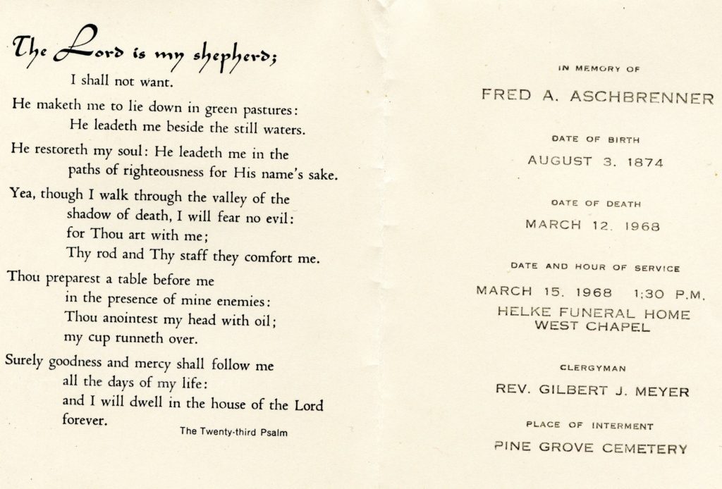 Fred Aschbrenner, funeral card