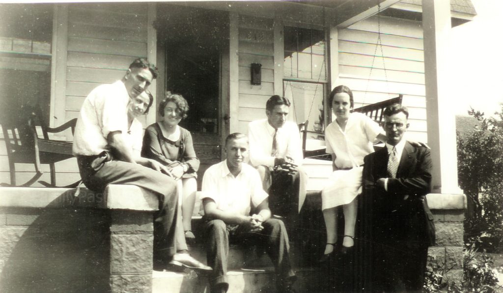 Krueger siblings hanging out at the Holman home. From left, Arnold, Sadie, Irene, John, Norman, Louise Akin Krueger (wife of Arnold), and Ben.