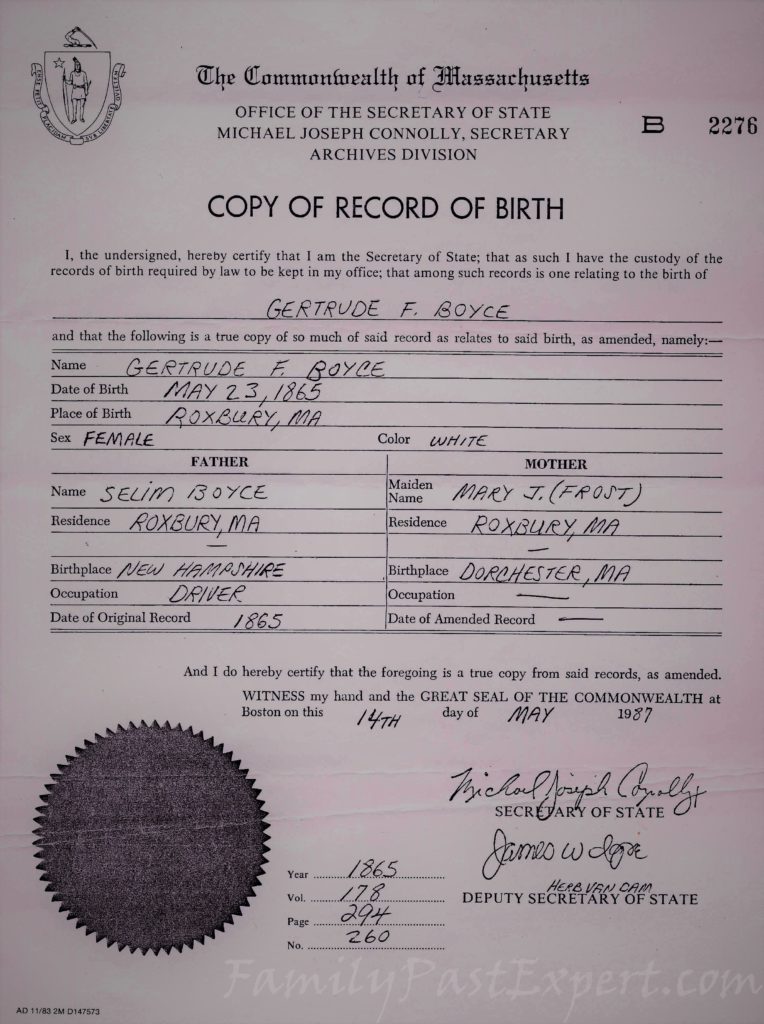 Gertrude Lovin Boyce, birth certificate.