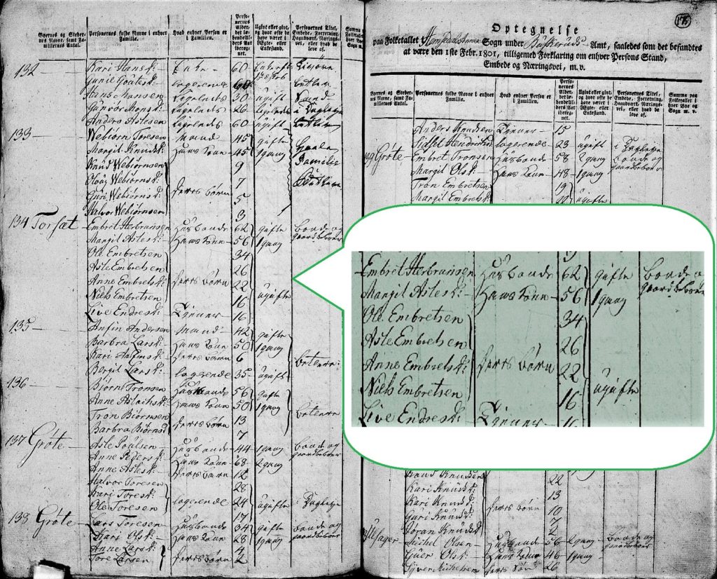 Image of 1801 Census showing the Embret Hebrandson family on the Torset farm in Hemsedal, Buskerud, Norway.