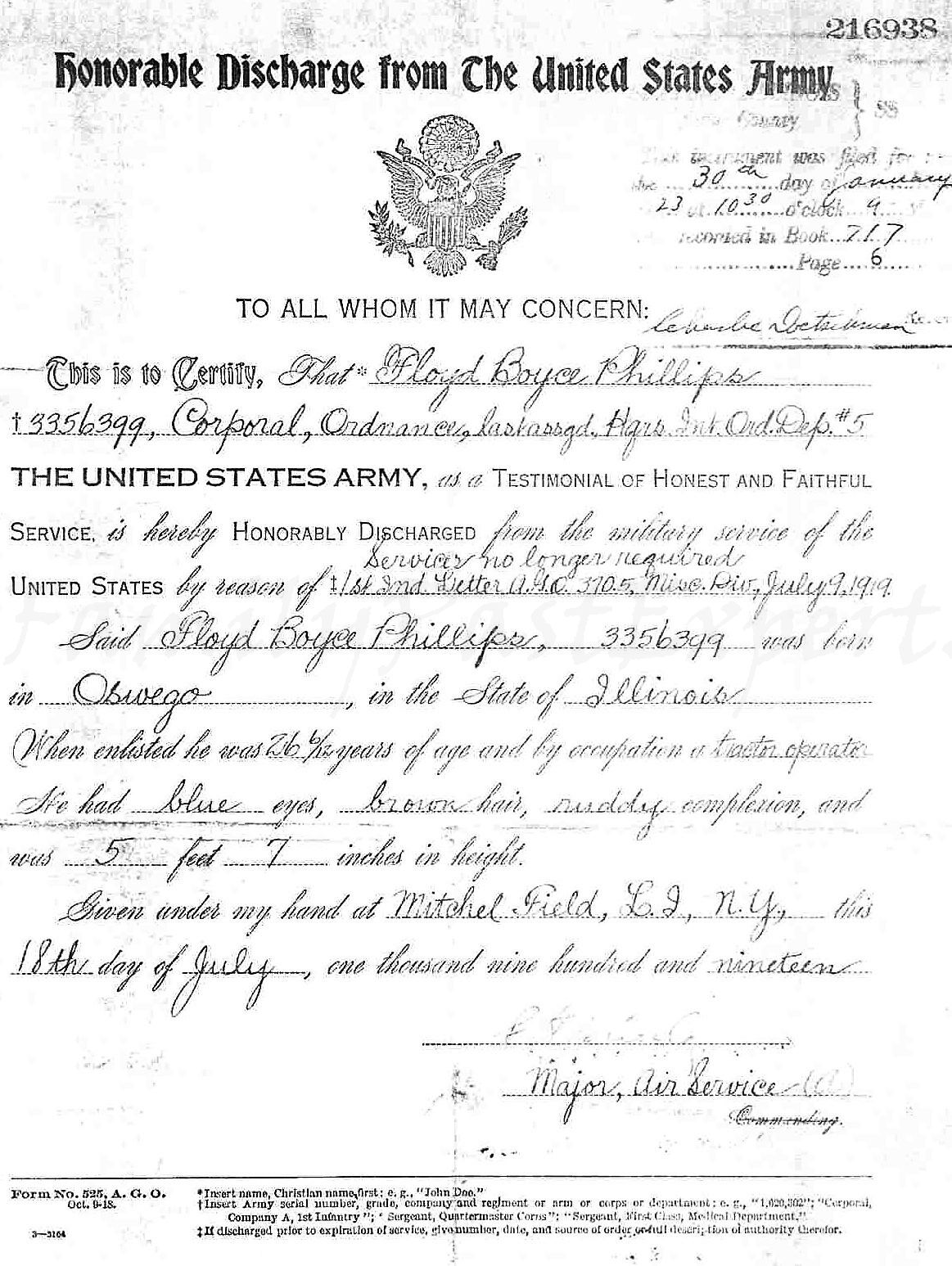 18 July 1919 Honorable Discharge