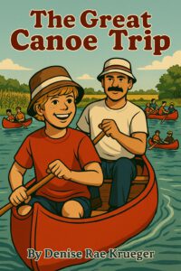Book cover for book titled "The Great Canoe Trip." A boy and his dad are in a canoe on a river.